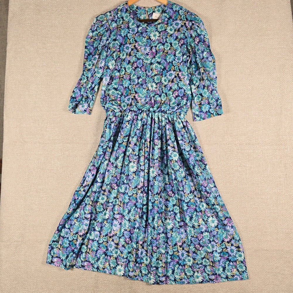 Schoner by Valeria Kardos Vintage Floral Midi Dress Blue Purple Womens *Large?